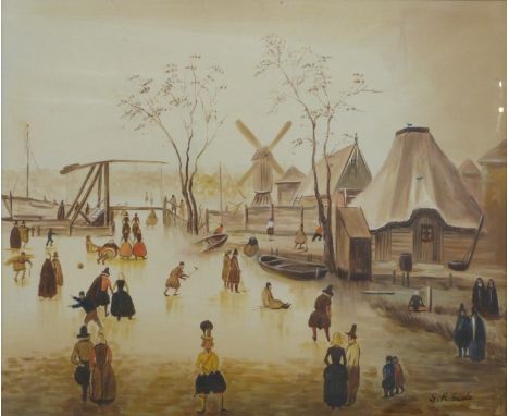 S R Earle or Eazle oil on canvas Dutch winter scene with figures on a frozen canal with buildings beyond, signed lower right,