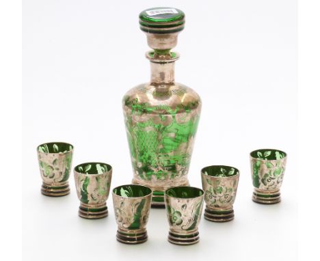 Venetian style silvered and flash overlaid glass drinking set comprising a decanter and six glasses decorated with buildings 