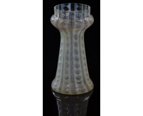 Vaseline or straw opal glass hyacinth vase with circular and striped decoration, possibly James Powell, 17.5cm tall.&nbsp;