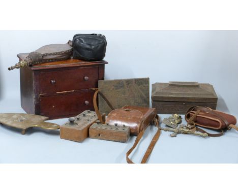 Huntley &amp; Palmer biscuit tin, 19thC brass trivet, bellows, weights, vintage cameras etc