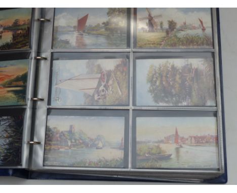 An album of postcards containing a wide range of topographical oilette sets by various artists including S Johnson, Parsons N