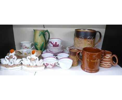 A 19thC large salt glazed tankard, named slipware, Royal Worcester and Royal Doulton items, Victorian harvest plate, Sunderla