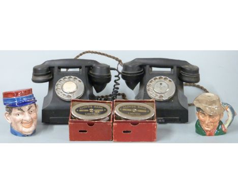 Two vintage telephones, Royal Doulton Poacher jug, French Transport Police jar, probably Sarreguimines etc