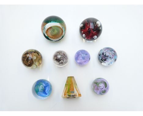 Nine glass paperweights including Macintosh Caithness Round The Twist Series 1 limited edition 1/1, Liam Carey, Caithness clo