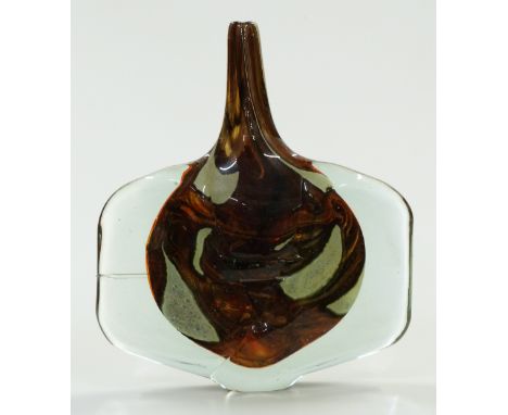 Mdina glass axe head vase with tiger style internal decoration and clear casing, signed to base, 23.4cm tall.&nbsp;