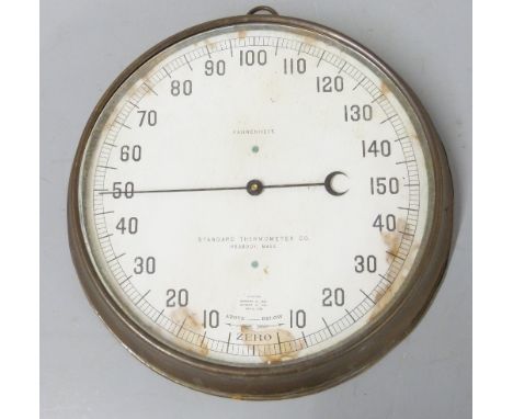 An industrial / factory circular brass thermometer by Standard Thermometer Co, Peabody, Massachusetts, diameter 26cm