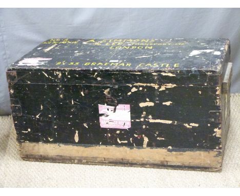 Vintage wood shipping trunk with Union Castle label, SS Braemar Castle script and London shippers,&nbsp; width 96cm&nbsp;