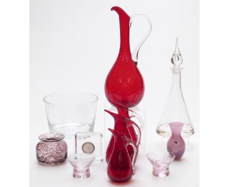 Eleven pieces of clear and coloured glassware including Whitefriars graduated ruby jugs, Caithness, Royal Doulton, Jasper Con