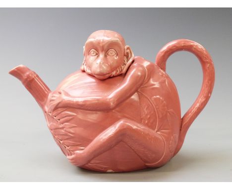 Minton figural monkey teapot in pink colourway, 16cm tall