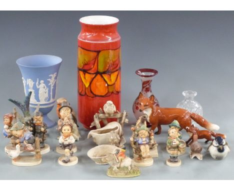Poole Pottery Delphis vase, Beswick fox, Goebel and Hummel figures etc., largest 31cm