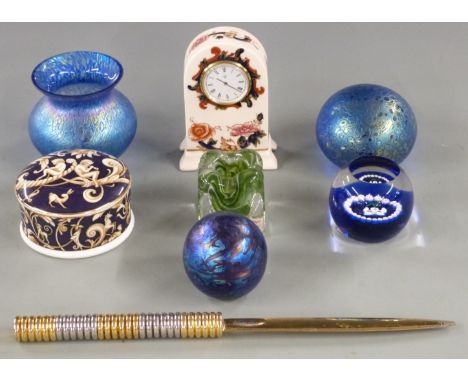 Asprey letter opener, iridescent glass items, Caithness paperweight, Adrian Sankey candle holder, Wedgwood Cornucopia pot and