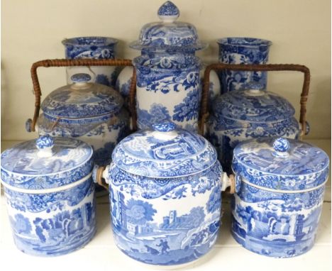 Spode Italian pattern, three biscuit barrels, three sleeve vases and two lidded storage jars and a lidded vase