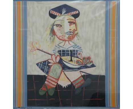Picasso silk scarf with Northumbria/ Scottish piper decoration, framed and glazed, 90 x 80cm&nbsp;