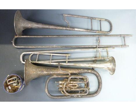 Two trombones for restoration or decoration, one by J R Fleur and Son, 15 Green St, Leicester Square, London, together with a
