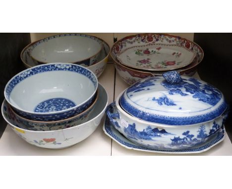 A collection of Chinese porcelain bowls, plates and a tureen