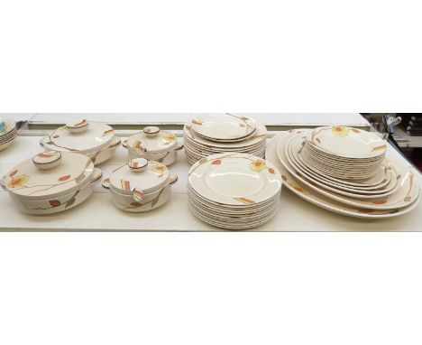 Clarice Cliff for Newport Pottery Bizarre 12 place setting dinner service in Yellow Rose pattern, includes four pedestal ture
