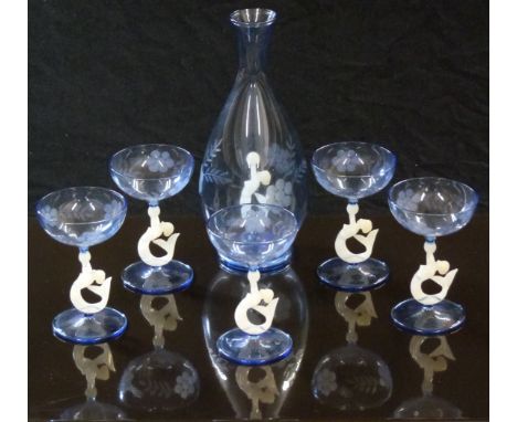 Bimini Werkstadt Art Deco glass cocktail or liqueur set with lamp work stems in the form of mermaids and engraved bowls, deca