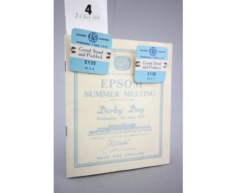 Horse Racing - 1959 Epsom Summer Meeting Derby Day race card with two Grandstand and Paddock ticket badges  from 3rd July 195