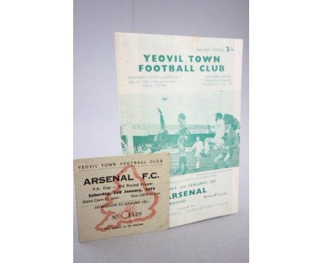1971 Yeovil Town v Arsenal football programme with match ticket played 2nd January 1971 during Arsenal's double winning seaso