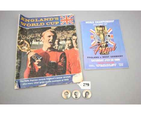 Three 1969 Swindon Town button badges including Don Rogers, John Trollope and Peter Noble plus a repro WC 1966 final programm
