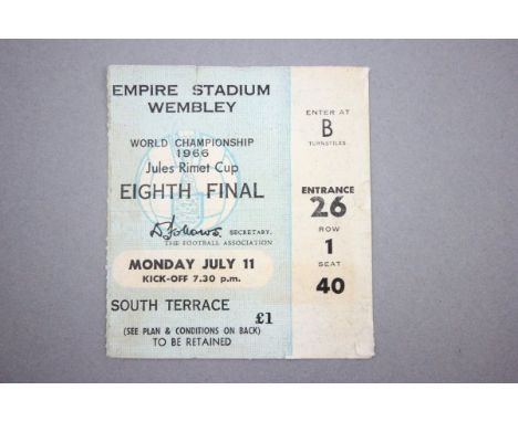 World Cup England 1966 match ticket stub for England v Uruguay played at Wembley 11th July 1966, one inch tear to top, some d
