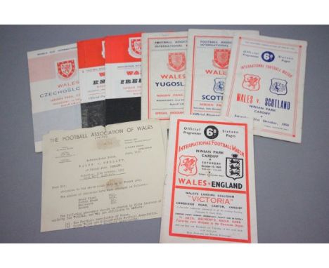 7 Wolves football programmes from 1949 to 1958 in fair condition plus FAW 1949 letter with match ticket details