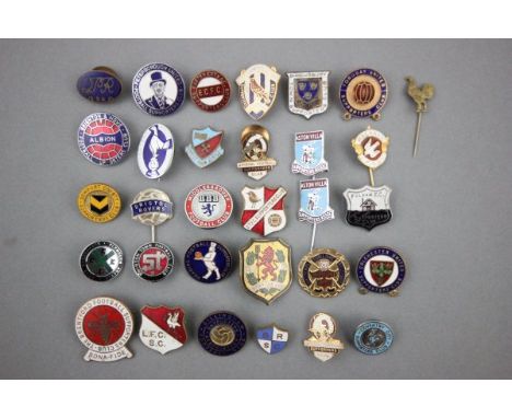 Approximately 28 vintage enamel football pin badges circa 1960's onwards featuring many Supporters Club variations, excellent