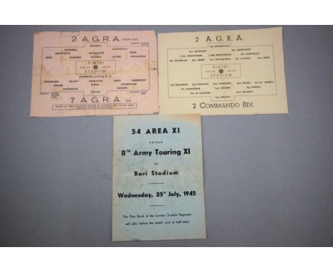 Three War time football programmes played in Italy including 2 A.G.R.A v 7 A.G.R.A (tear at fold), 2 A.G.R.A. v 2 Commando Bd