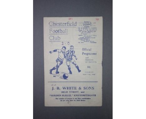 Scarce 1944/45 War Time Chesterfield v Barnsley football programme dated 14/04/45