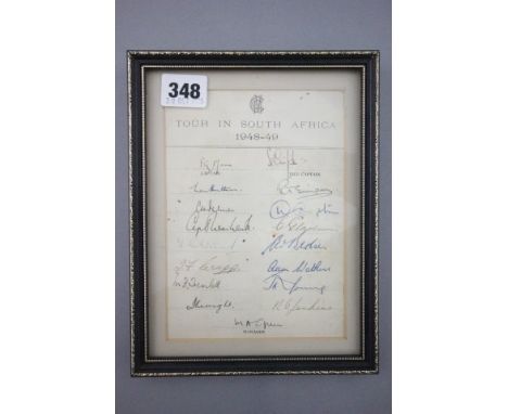 Cricket Autographs - Framed & glazed 1948/49 England Touring side of South Africa signed test list including Hutton and Compt