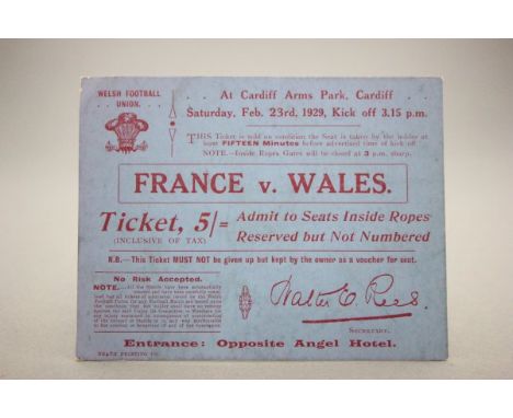 Rugby Union - Ticket for the 1929 France v Wales International match played in Cardiff, excellent condition
