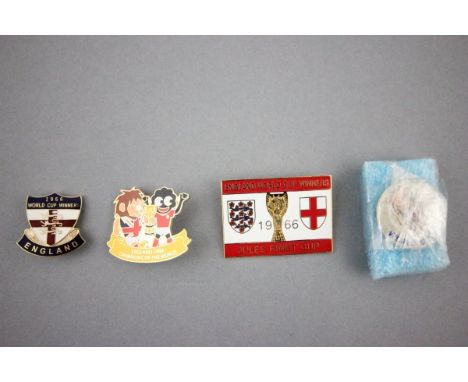 Four England World Cup 1966 pin badges including original WC Willie 1966 button badge, World Cup Willie with Golly etc