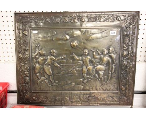 Brass firescreen guard with '17th Century Football' scene to front