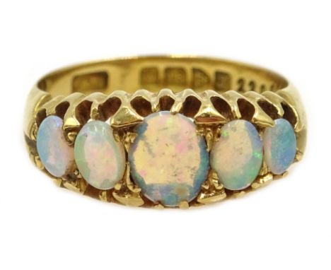 Early 20th century 18ct gold five stone opal ring, makers mark E &amp; W, Chester 1919 Condition Report approx 4.5gm, size M-