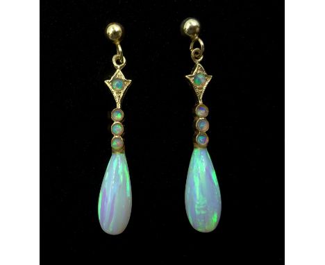 Pair of 9ct gold opal pendant earrings, stamped 375