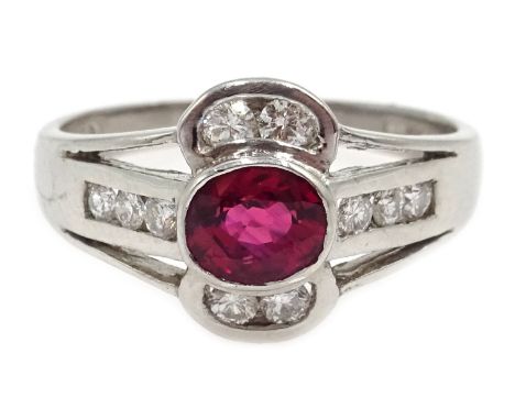 18ct white gold ruby and diamond ring, stamped 750