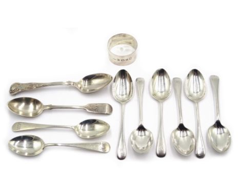 Set of six silver teaspoons, four others and a napkin ring all hallmarked, approx 7oz