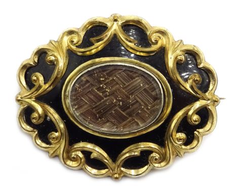 Victorian enamel and gold mourning brooch with plaited hair inset, inscribe verso 'Jane Piercy ob Dec 8th 1847 aged 25' 4cm d