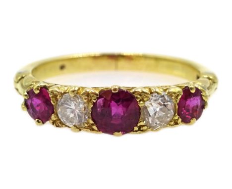 18ct gold (tested) five stone ruby and diamond ring, with an expandable hinged shank