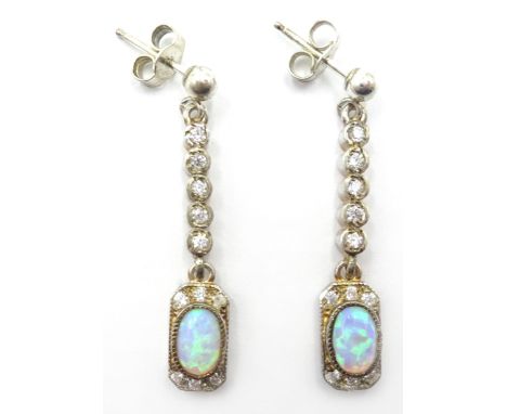 Pair of silver opal and cubic zirconia pendant earrings, stamped 925