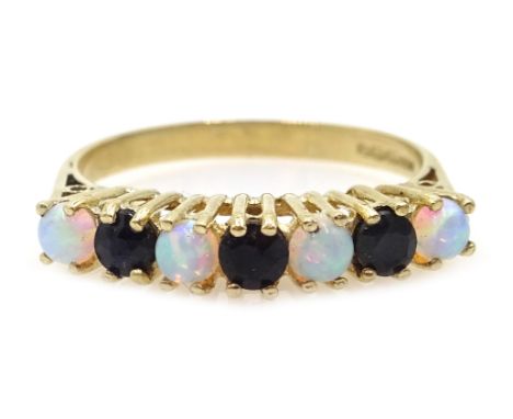 9ct gold seven stone sapphire and opal ring, hallmarked  Condition Report Approx 1.9gm, size N-O