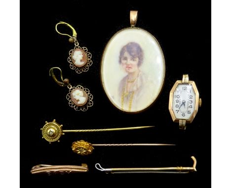 Early 20th century gold mounted miniature painting on ivory, 'Baby' gold bar brooch, riding crop bar brooch, all stamped 9ct,