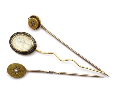 Georgian rose gold and enamel mourning stick pin 'Mary Pickard ob 28 Feb 1780 aged 71'  and diamond and pearl stick pins