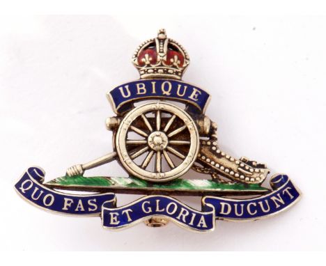 Royal Artillery enamel regimental sweetheart brooch circa 1940, the Artillery gun surmounted by a crown scroll, inlaid with b
