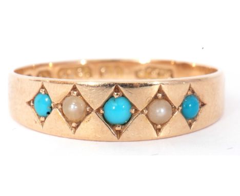 Victorian 15ct gold turquoise and seed pearl ring, alternate individually set with three cabochon turquoises and two small se