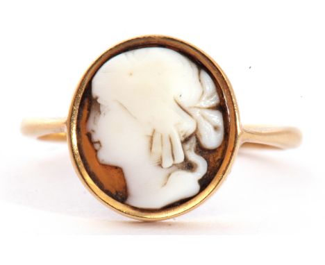 Antique French carved hardstone cameo ring, the oval panel with profile of a lady in a rub-over setting to a plain polished m