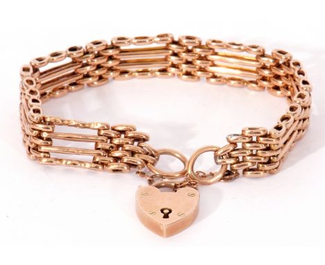 Antique 9ct gold gate bracelet, with heart padlock and safety chain fitting, 14.2gms (a/f)