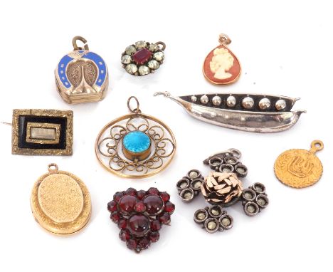 Mixed Lot: Victorian mourning brooch, an engraved gold back and front oval locket, an enamel horseshoe pendant, a Bohemian br