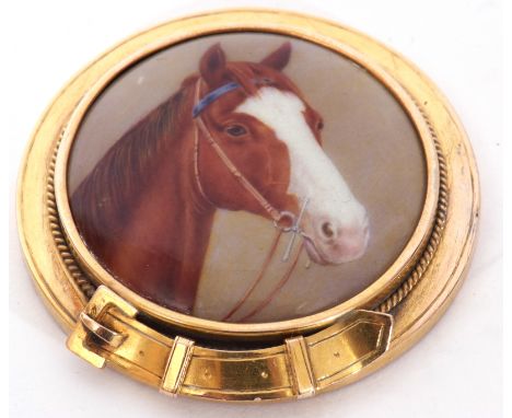 Miniature painted enamel roundel by William Bishop Ford, circa 1832-1922, depicting a detailed horse's head profile, verso ma
