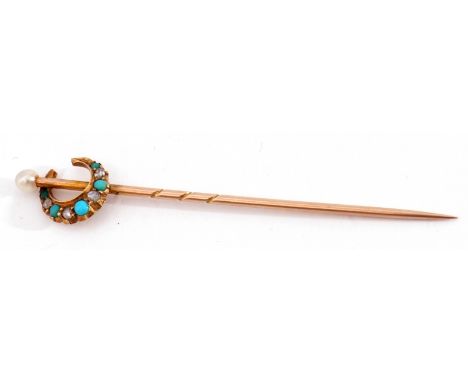 Antique pearl, turquoise and diamond stick pin, the finial with a crescent design set with five graduated small turquoises an